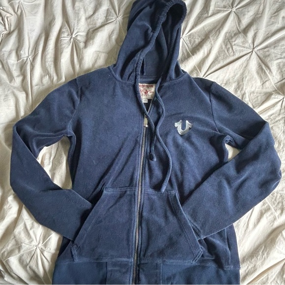 True Religion Womens Blue Velour Zip-Up Hoodie Small - Picture 1 of 4